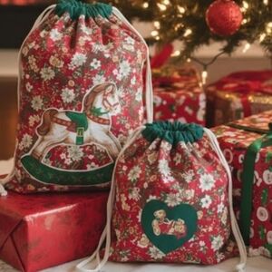 Vintage Two Homemade Cloth Christmas Gift Bags Rocking Horse/Teddy Bears